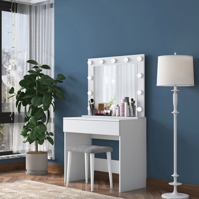 Hanah Home Mesa de Maquillaje Blanca con Espejo y Puf